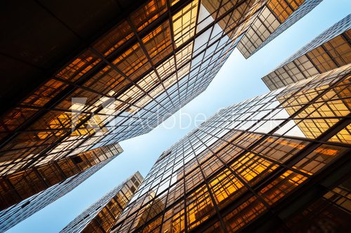 Upwards shot of Hong Kong office buildings reflecting light  Architektura Plakat