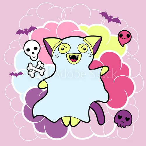 Vector kawaii illustration Halloween cat and creatures.  Plakaty do Pokoju dziecka Plakat