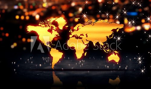 World Map Gold City Light Shine Bokeh 3D Background  Mapa Świata Fototapeta
