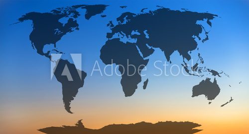 World map, continents in sunset sky background.  Mapa Świata Fototapeta