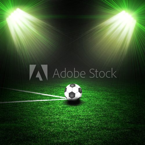 Soccer ball on the green field with lightnings  Stadion Fototapeta