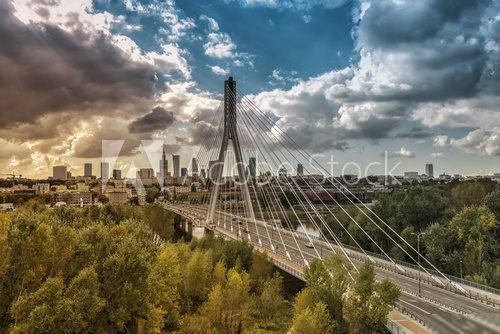Warsaw skyline behind the bridge  Fototapety Miasta Fototapeta