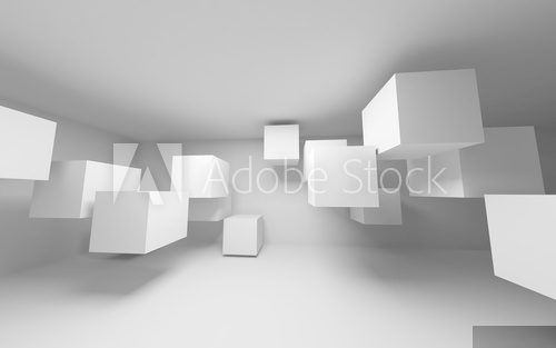 Abstract white interior with flying cubes. 3d render  Optycznie Powiększające Fototapeta