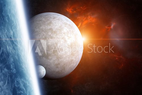 Planet Earth with Moons and Nebula on Background  Fototapety Kosmos Fototapeta