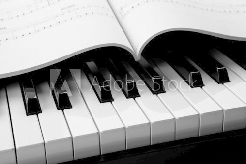 Piano keys and musical book  Czarno Białe Obraz