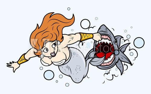 Shark Attack to Mermaid Under Sea - Vector Illustration  Fototapety Komiks Fototapeta
