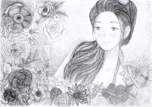 Girl and flower illustration  Drawn Sketch Fototapeta