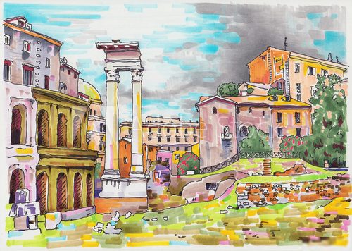 original marker painting of Rome Italy cityscape  Drawn Sketch Fototapeta