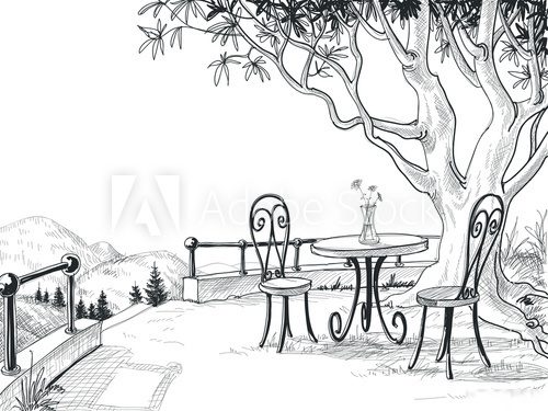 Restaurant terrace sketch  Drawn Sketch Fototapeta