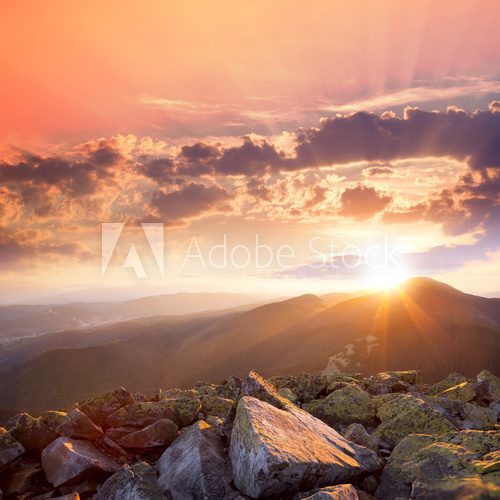 Sunset in the mountains landscape. Dramatic sky,  colorful stone  Krajobrazy Obraz
