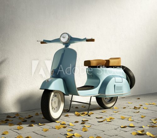 Vintage blue motorcycle vespa, by wall with fallen leaves  Pojazdy Obraz