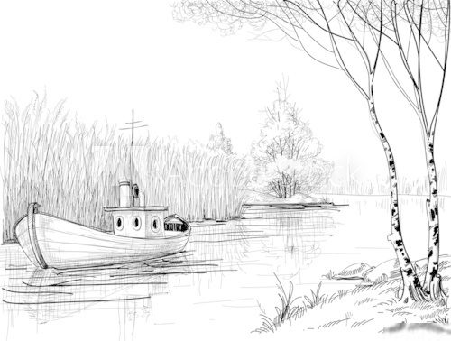 Nature sketch, boat on river or delta  Styl skandynawski Fototapeta