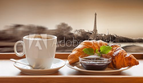 Coffee with croissants against Eiffel Tower in Paris, France  Obrazy do Kuchni  Obraz