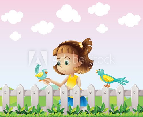 A young girl playing with the birds near the fence  Obrazy do Pokoju Dziecka Obraz