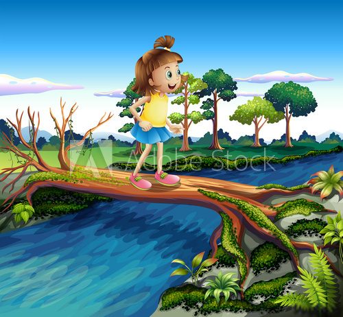 A small girl crossing the river  Obrazy do Pokoju Dziecka Obraz