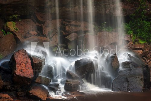 Mountain river waterfall, wet stones and silky water  Fototapety Wodospad Fototapeta