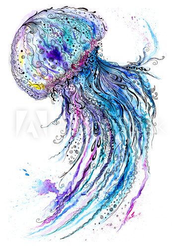 Jelly fish watercolor and ink painting Styl Marynistyczny Fototapeta