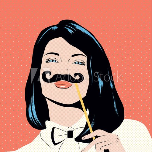 Pop art illustration with girl holding mustache mask. Pin-up Obraz