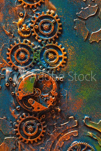 handmade steampunk background mechanical cogs wheels clockwork Industrialne Fototapeta