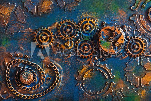 handmade steampunk background mechanical cogs wheels Industrialne Fototapeta
