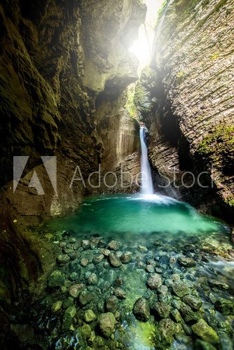 Kozjak waterfall in Triglav natioanl park in Slovenia. Long exposure technic with motion blurred water Fototapety Wodospad Fototapeta