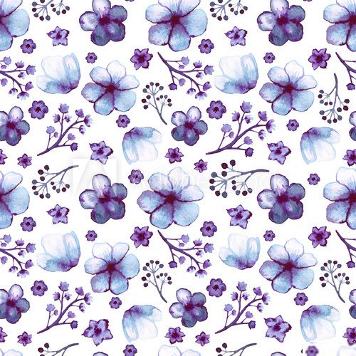 Watercolor Light Blue Flowers and Violet Branches Seamless Pattern Fototapety Pastele Fototapeta
