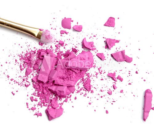 Close up of crushed blush on white background and cosmetic brush Obrazy do Salonu Kosmetycznego Obraz