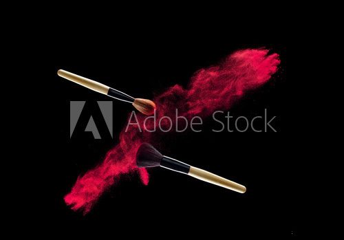 Make-up brush with powder explosion on black background Obrazy do Salonu Kosmetycznego Obraz
