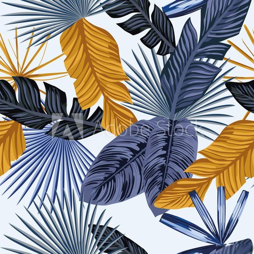 Blue gold palm leaves seamless white background Abstrakcja Obraz