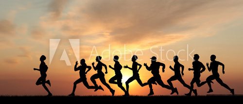 Marathon, black silhouettes of runners on the sunset  Sport Plakat