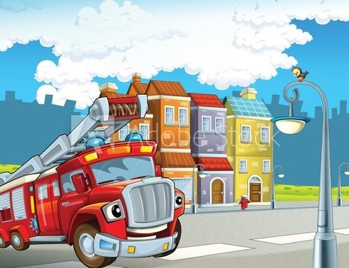 The red firetruck - duty - illustration for the children  Fototapety do Pokoju Chłopca Fototapeta