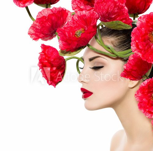 Beauty Fashion Model Woman with Red Poppy Flowers in her Hair  Kwiaty Plakat