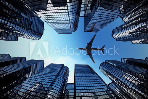 Business towers with a airplane silhouette  Architektura Plakat