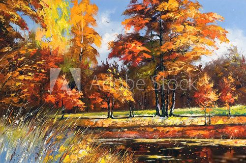 Autumn landscape on the bank of the river  Olejne Obraz