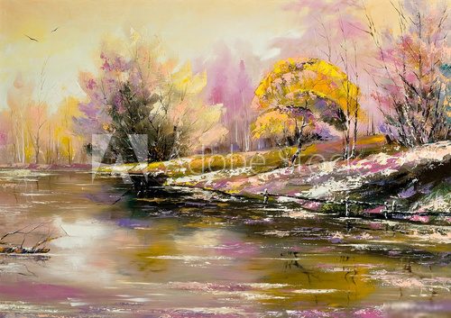 Autumn landscape with snow and the river  Olejne Obraz