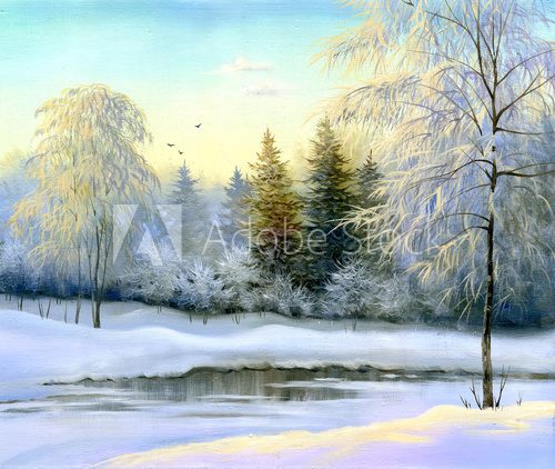 beautiful winter landscape, canvas, oil  Olejne Obraz