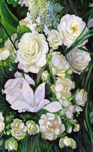 bouquet of white roses, canvas, oil  Olejne Obraz