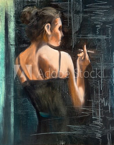 Kobieta ukradkiem paląca Olejne Obraz