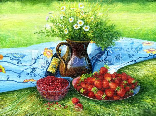 Still-life with camomiles and a strawberry  Olejne Obraz
