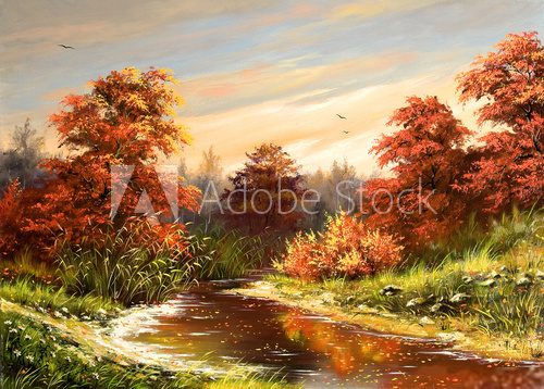 Autumn landscape with the river  Olejne Obraz