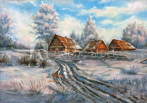 The winter rural landscape drawn by oil on a canvas  Olejne Obraz