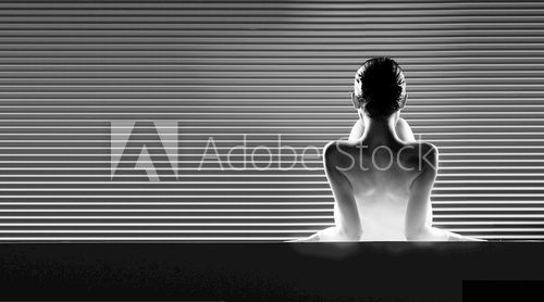 black and white back view artistic nude, on striped background.  Fototapety Czarno-Białe Fototapeta