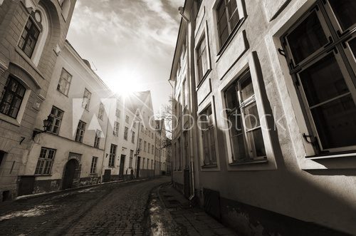 Monochrome photo with street of Tallinn, Estonia  Fototapety Czarno-Białe Fototapeta