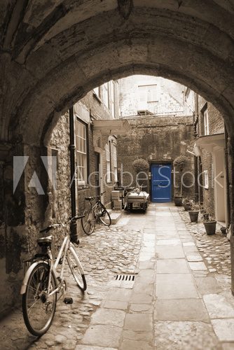 Back alley in London, with bikes, blue door at the end  Fototapety Czarno-Białe Fototapeta