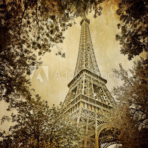 Eiffel tower and trees monochrome vintage  Fototapety Sepia Fototapeta