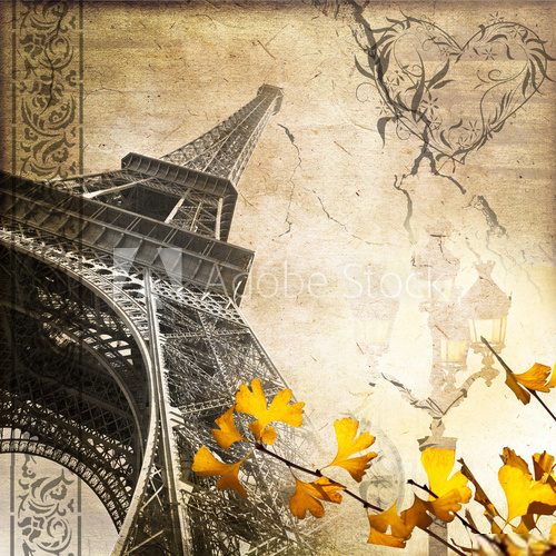 Collage carrÃ© tour Eiffel romantique rÃ©tro  Fototapety Sepia Fototapeta