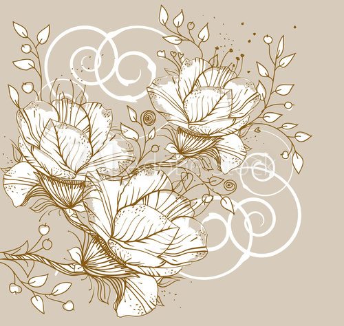 vector floral   background with blooming flowers and swirls  Rysunki kwiatów Fototapeta