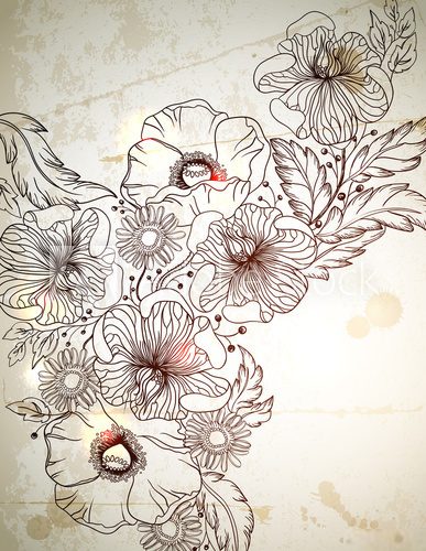 Vintage background with hand drawn flowers branch  Rysunki kwiatów Fototapeta