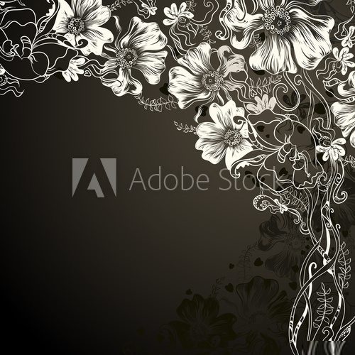 black background with decorative flowers  Rysunki kwiatów Fototapeta