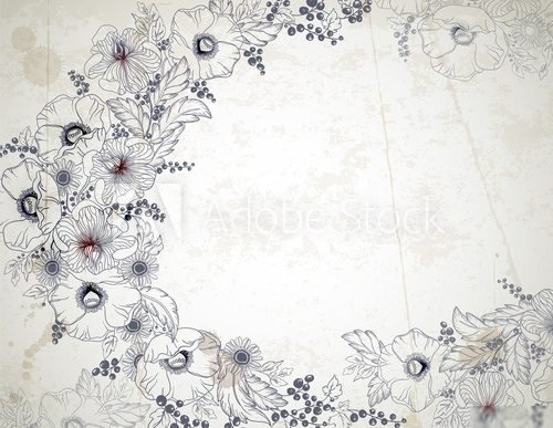 Vintage background with hand drawn flowers branches  Rysunki kwiatów Fototapeta